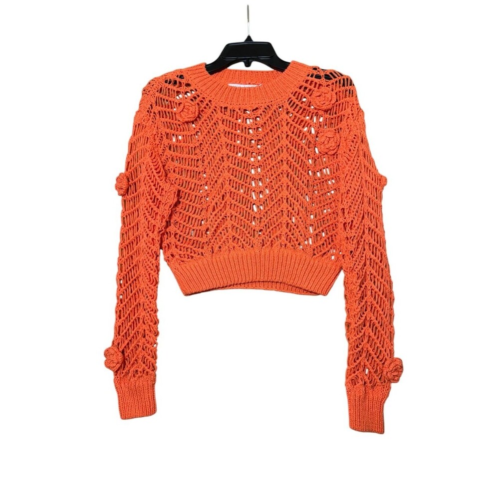 Muy Muy Orange Crochet Knit Boho Festi Floral Applique Crop Sweater -Small